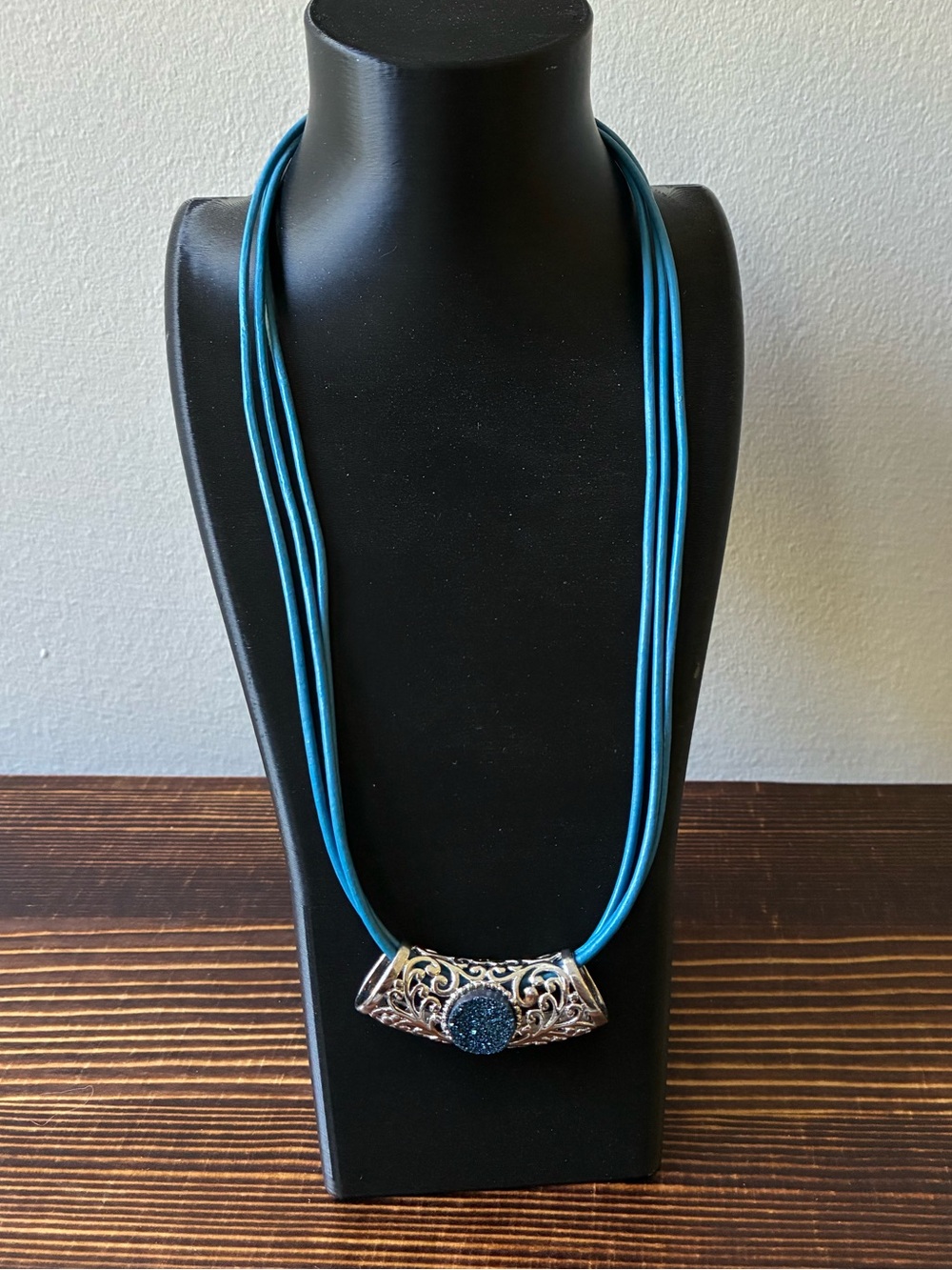 Sterling Silver Filigree Druzy Pendant Cord Necklace